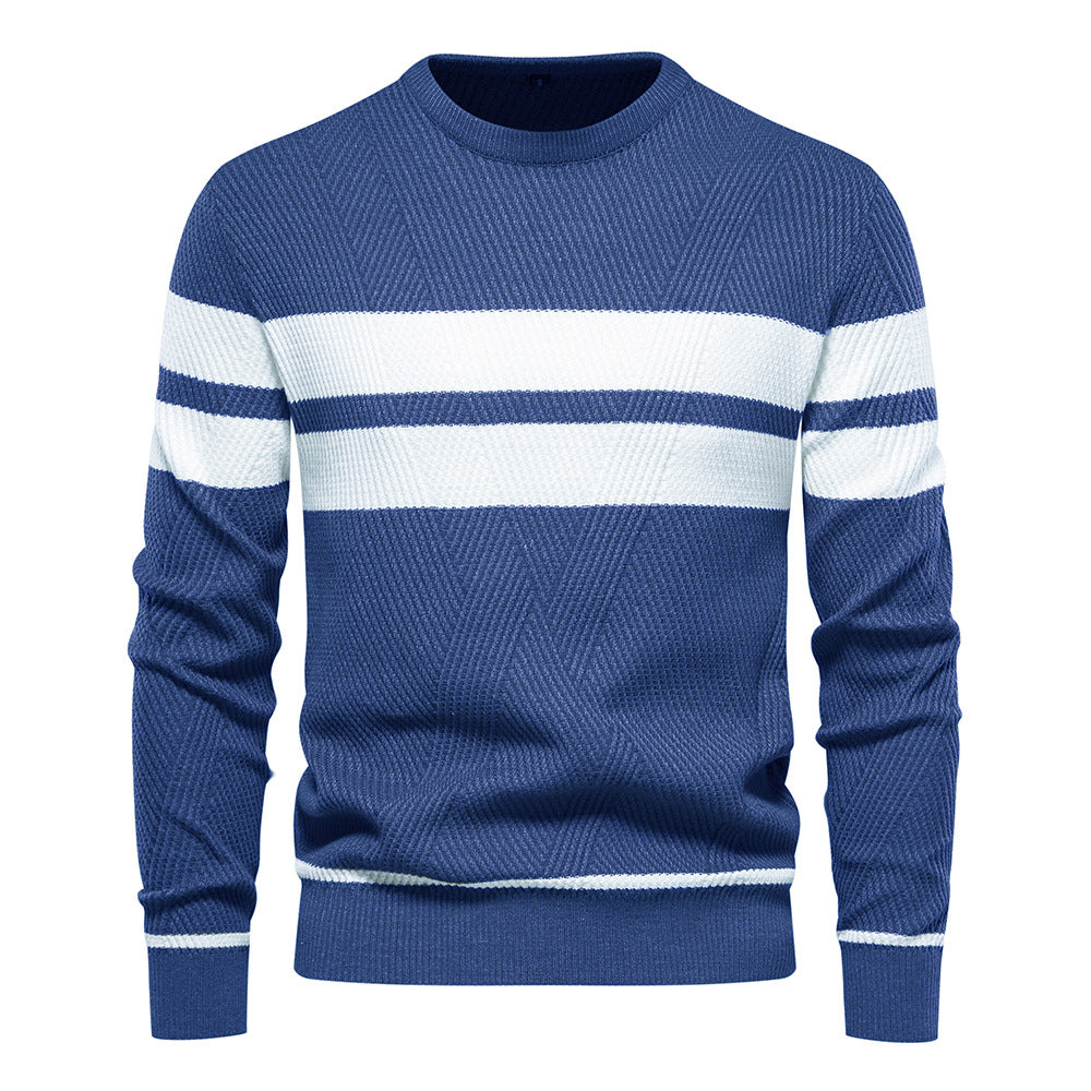 Elegant men's striped crew neck sweater, slim fit for a sleek look. A staple in men's fashion.