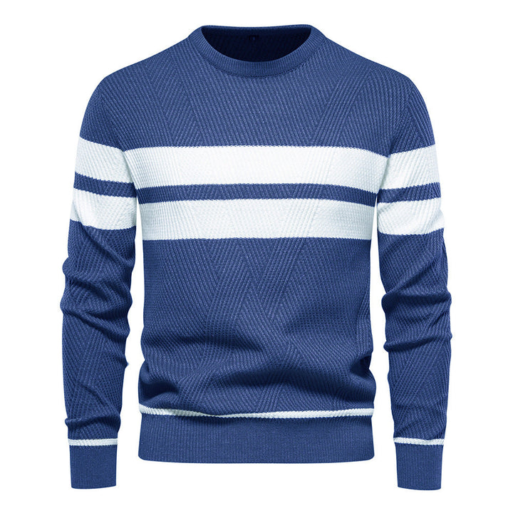 Elegant men's striped crew neck sweater, slim fit for a sleek look. A staple in men's fashion.