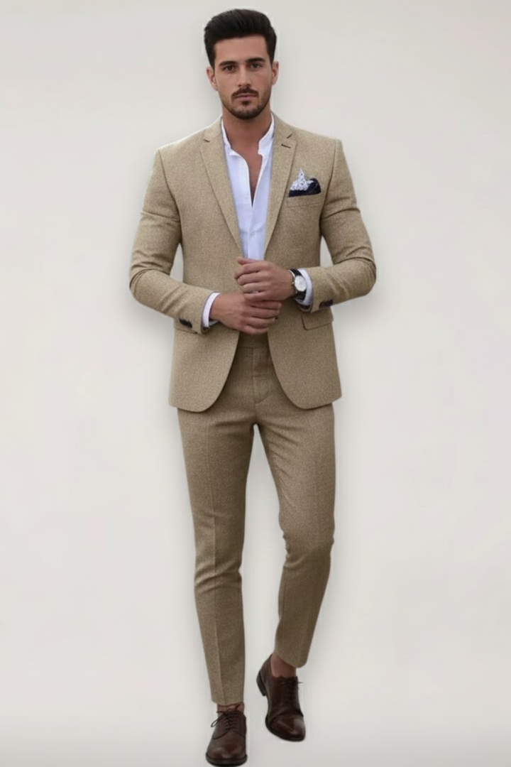 Men's slim fit suit set in a light spring color, perfect for business or smart casual events.