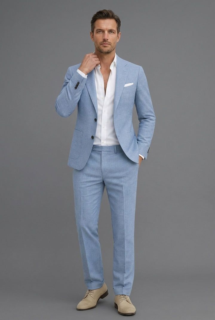 Men's slim fit summer wedding suit in light blue, two-piece tailored set with notch lapel.