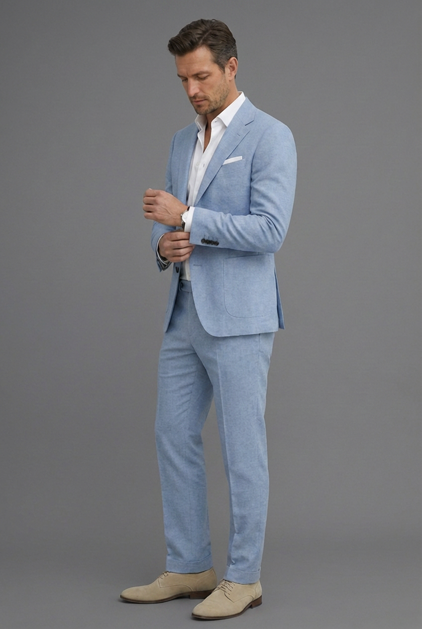 Close-up of men's slim fit wedding suit fabric and notch lapel detail, perfect for summer.