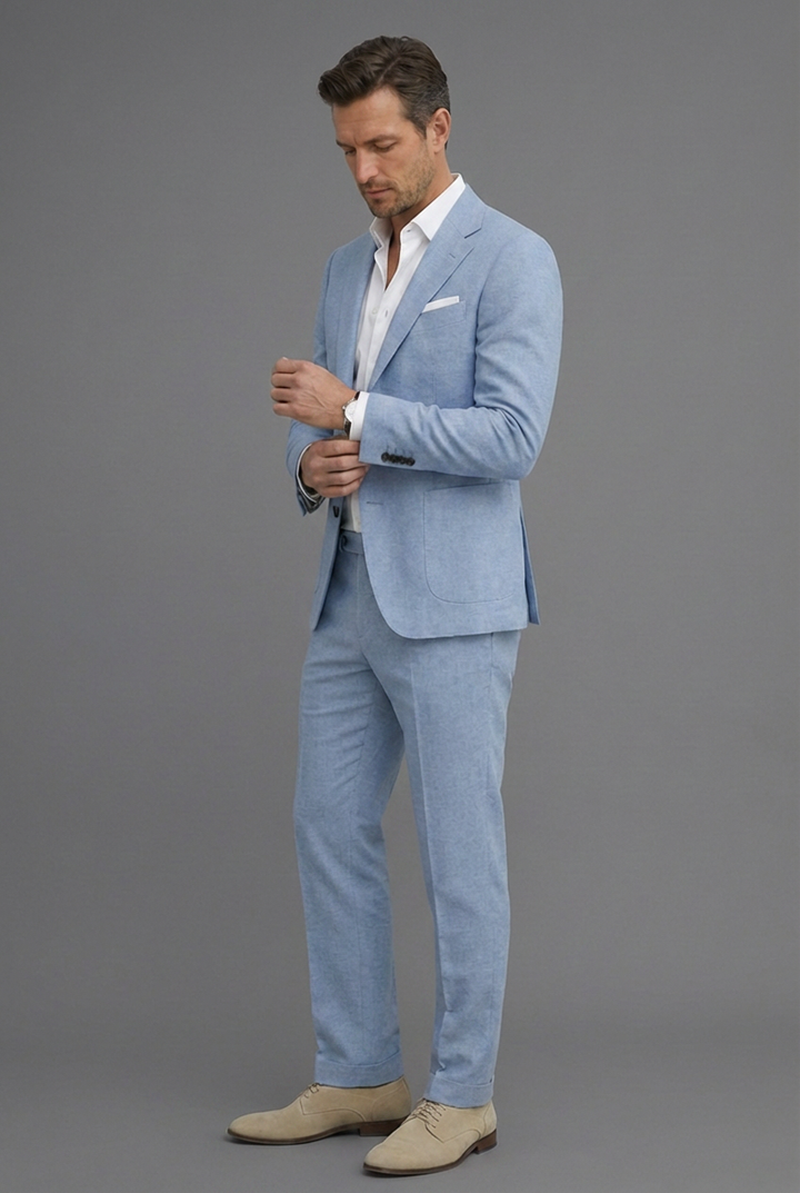 Close-up of men's slim fit wedding suit fabric and notch lapel detail, perfect for summer.