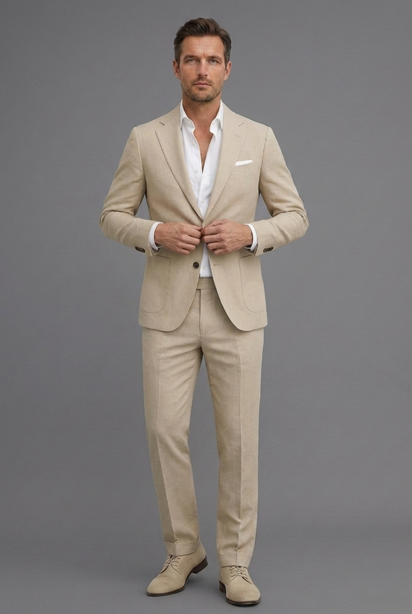 Men's formal wear: a sharp slim fit suit in a breathable fabric for summer events.