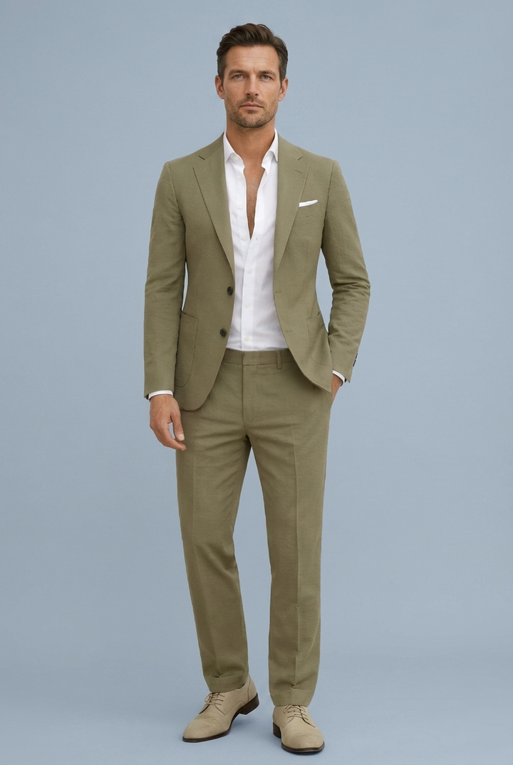 Elegant men's tailored suit set, slim fit design for a modern wedding guest look.