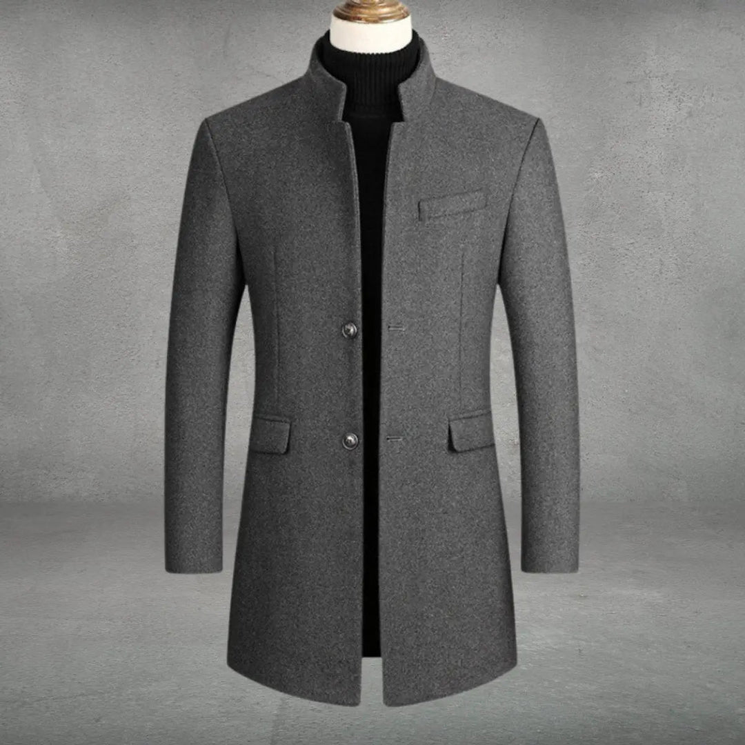 Men's slim-fit tailored overcoat with standing collar, perfect for smart casual or business wear.
