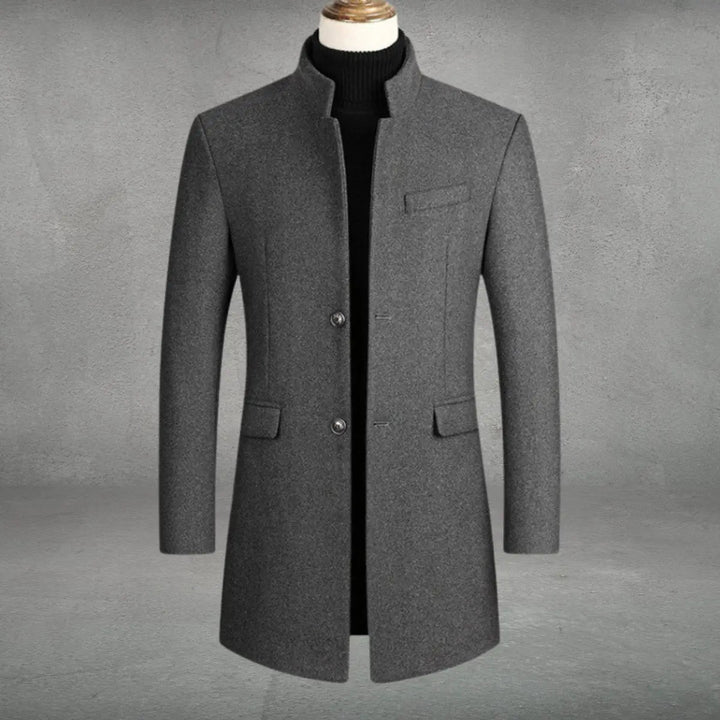 Men's slim-fit tailored overcoat with standing collar, perfect for smart casual or business wear.