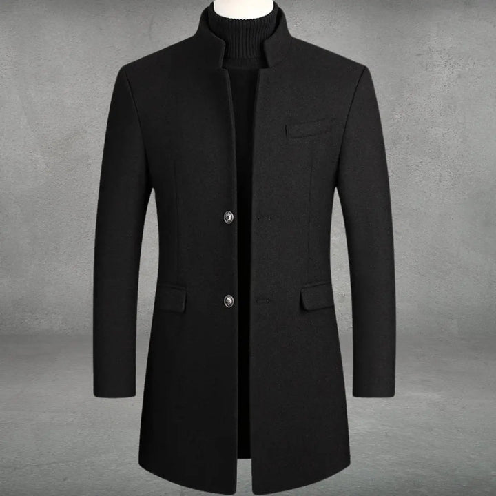Stylish men's tailored overcoat, slim fit, with a distinct standing collar, ideal for formal & cold weather.