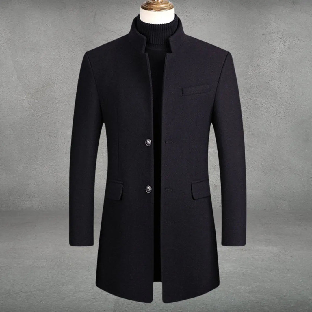 Close-up of a men's slim-fit tailored overcoat, highlighting the elegant standing collar & modern design.
