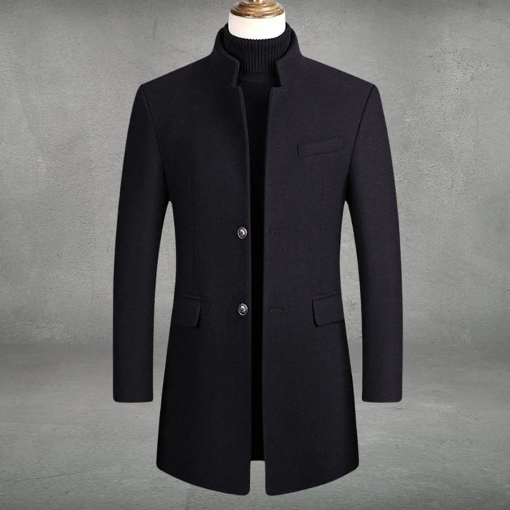 Close-up of a men's slim-fit tailored overcoat, highlighting the elegant standing collar & modern design.
