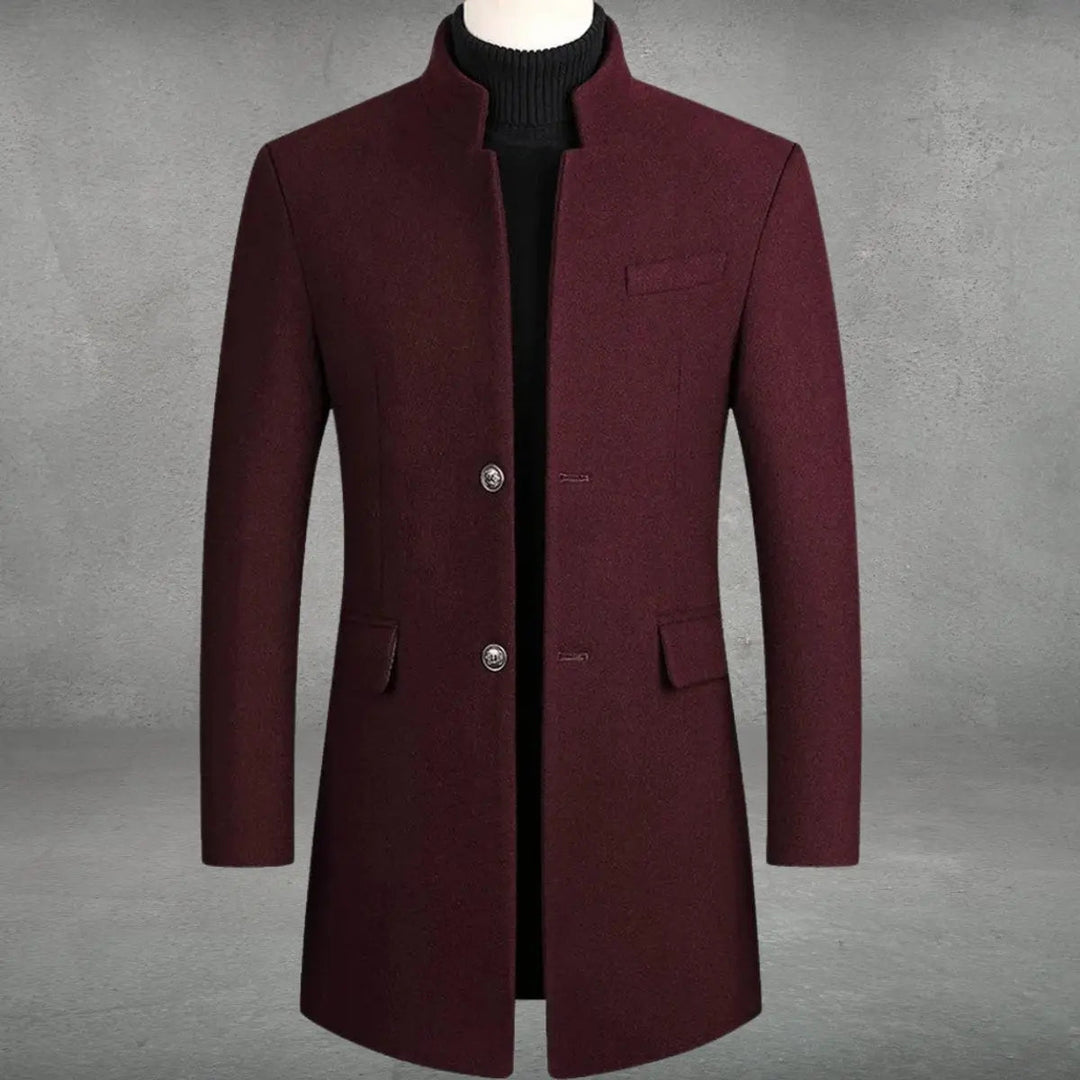 Modern men's slim-fit overcoat, tailored for business & smart casual. Features a sophisticated standing collar.