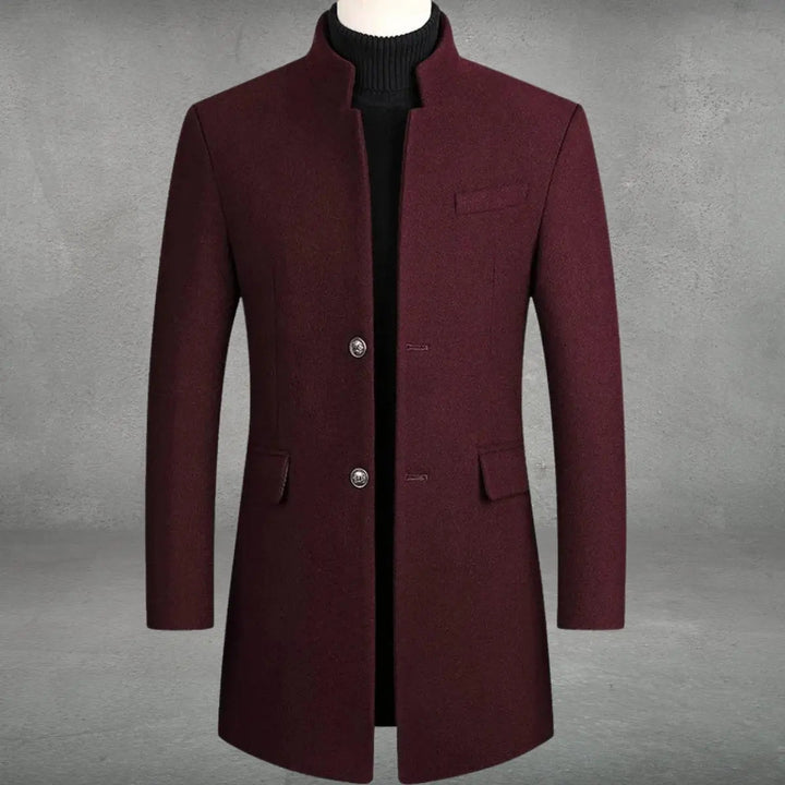 Modern men's slim-fit overcoat, tailored for business & smart casual. Features a sophisticated standing collar.