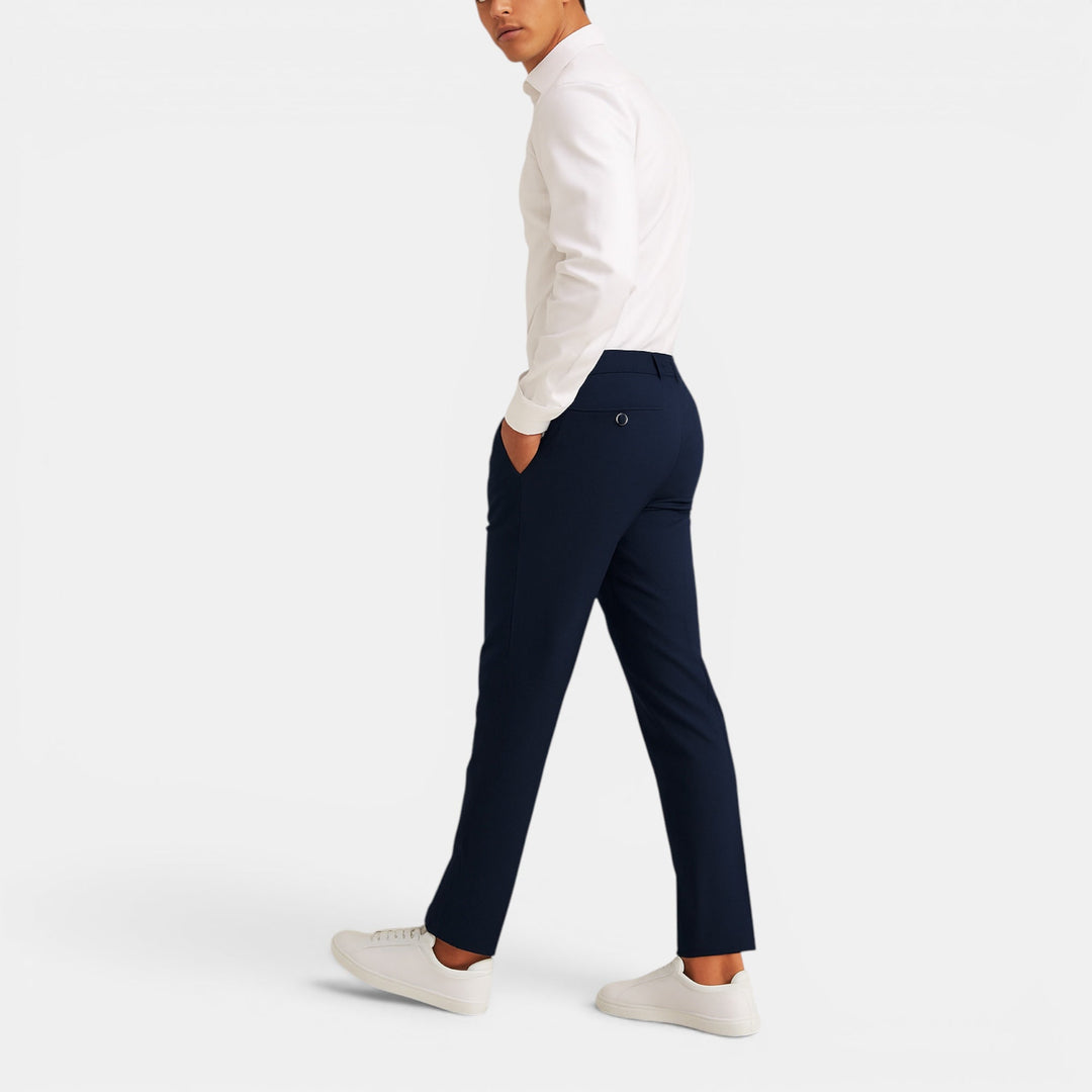 Premium men's slim fit tailored trousers for seamless transitions between work & casual settings.