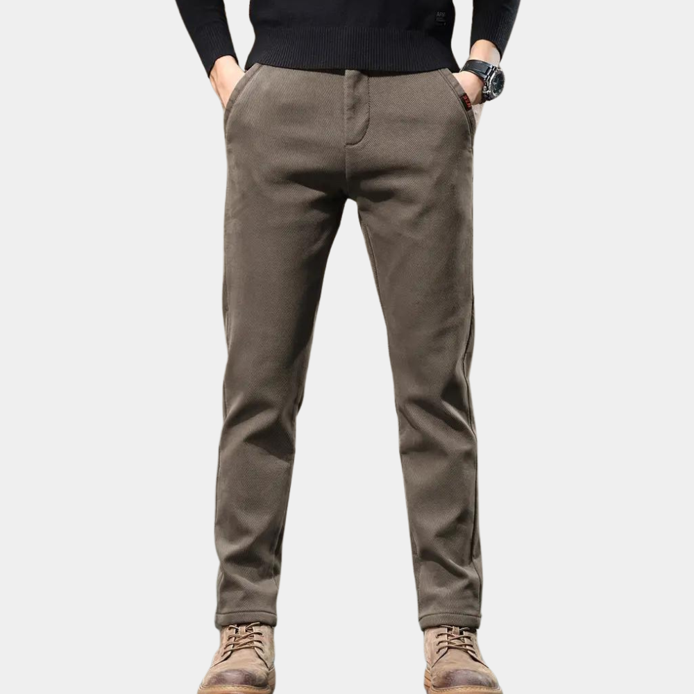 Men's slim fit tapered stretch trousers in a versatile dark color, ideal for smart casual or everyday wear.