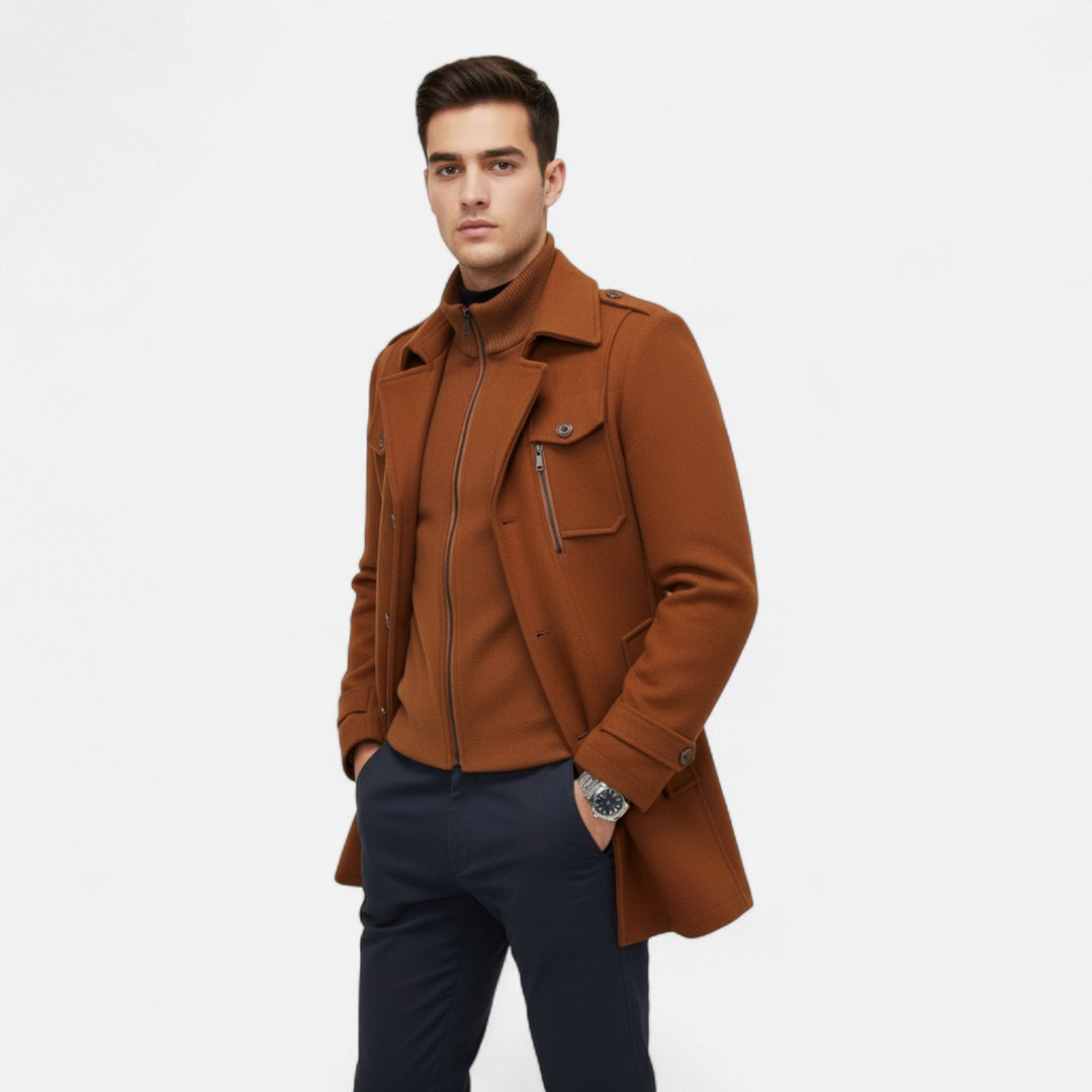 Classic men's slim-fit textured winter coat, ideal for distinguished autumn or business casual elegant menswear.