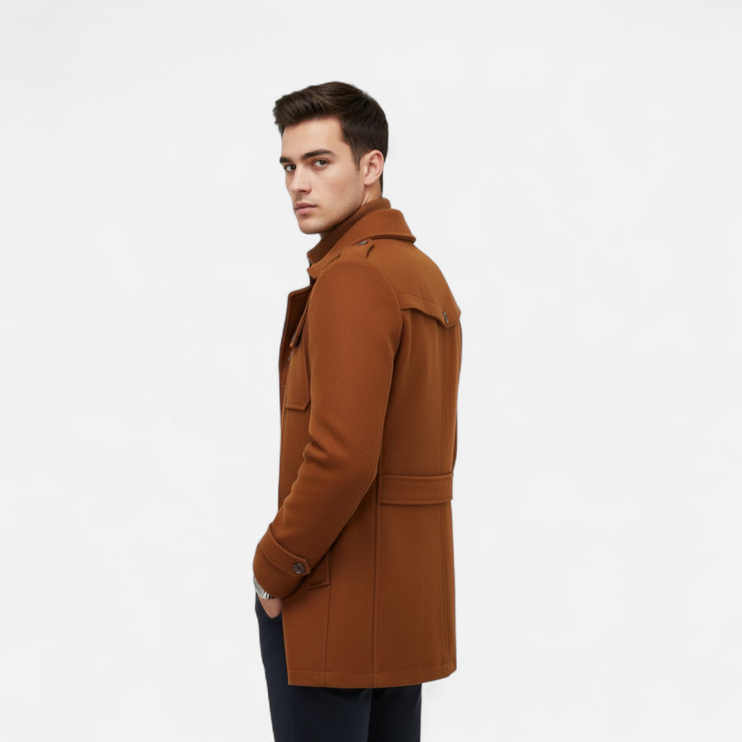 Sophisticated men's slim-fit elegant coat, suitable for formal occasions, business attire, or smart casual style.