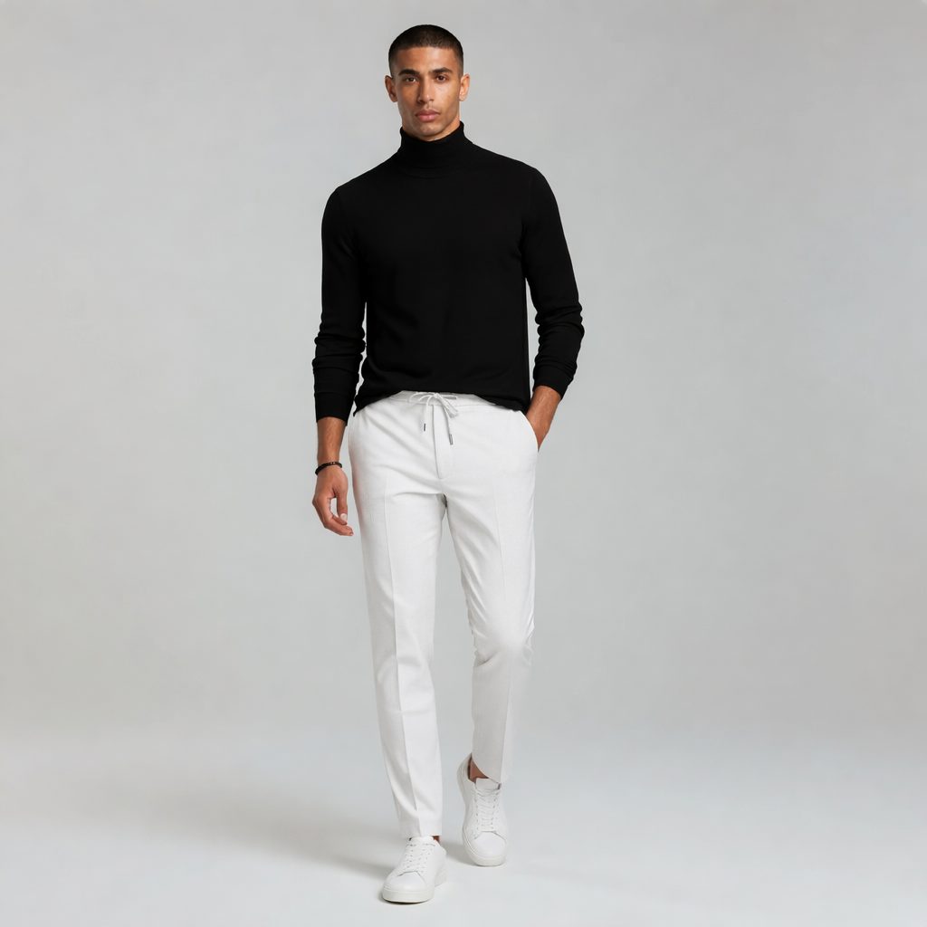 Apparel: Men's fashion slim fit trousers, featuring textured fabric and a comfortable drawstring.