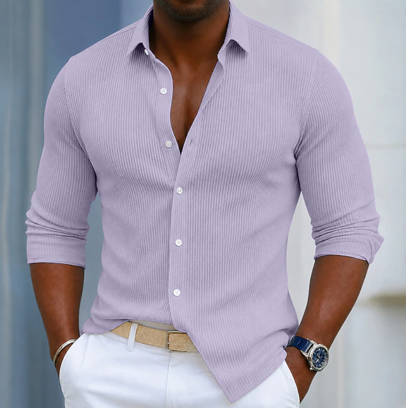 Modern men's slim fit wrap shirt, henley collar, long sleeve. Elegant and flattering silhouette.