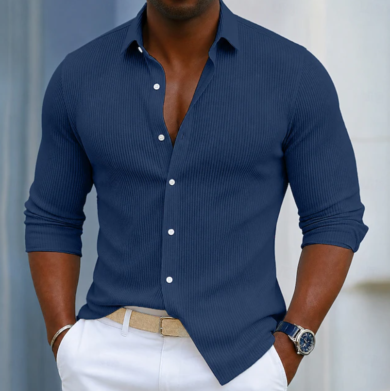 Versatile men's long sleeve henley wrap shirt, slim fit, ideal for casual or smart casual outfits.