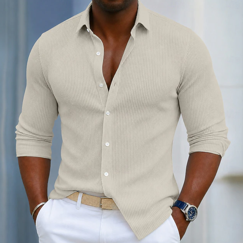 Stylish men's slim fit henley shirt with unique textured wrap design. Modern and comfortable.