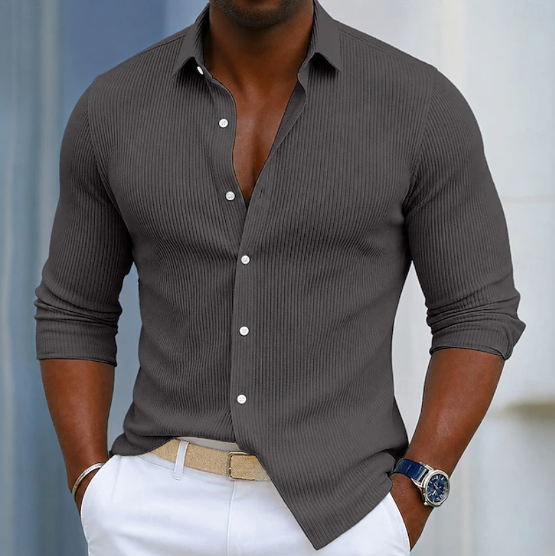 Elegant men's slim fit textured henley wrap shirt. Long sleeve design for modern casual fashion.