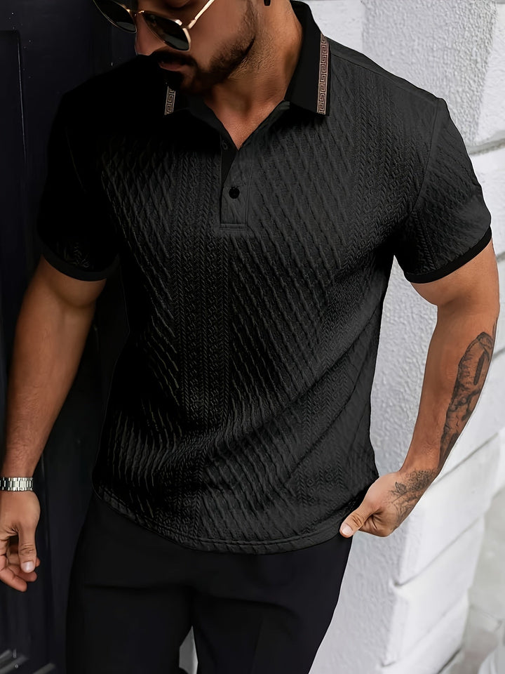 Men's slim fit textured polo shirt in blue, perfect for smart casual summer wear.