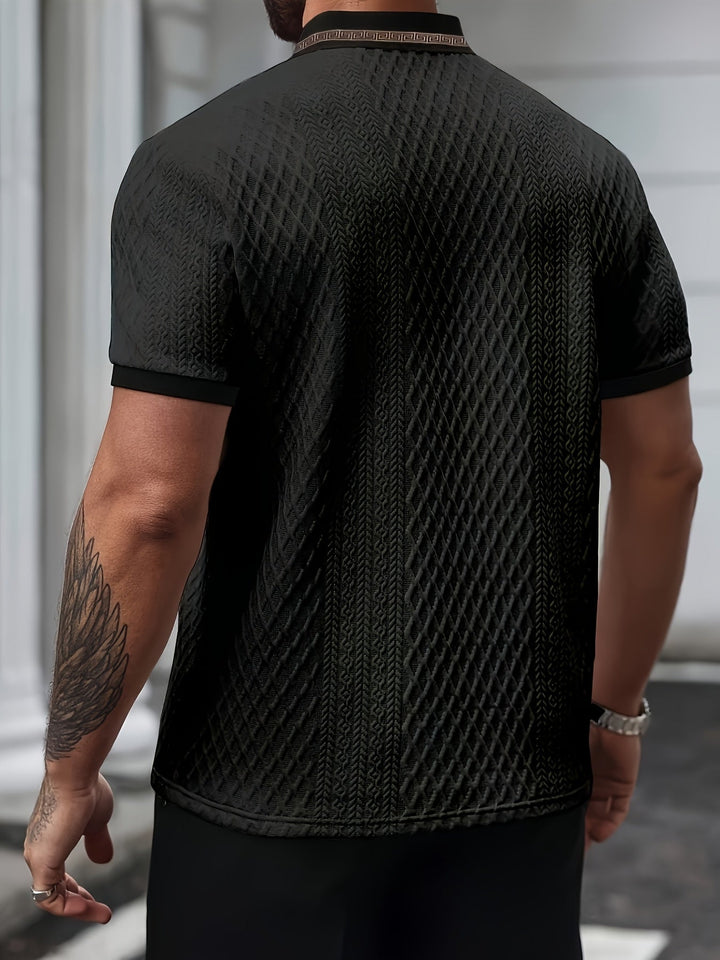 Model wearing a men's slim fit polo shirt, ideal for summer casual outfits.