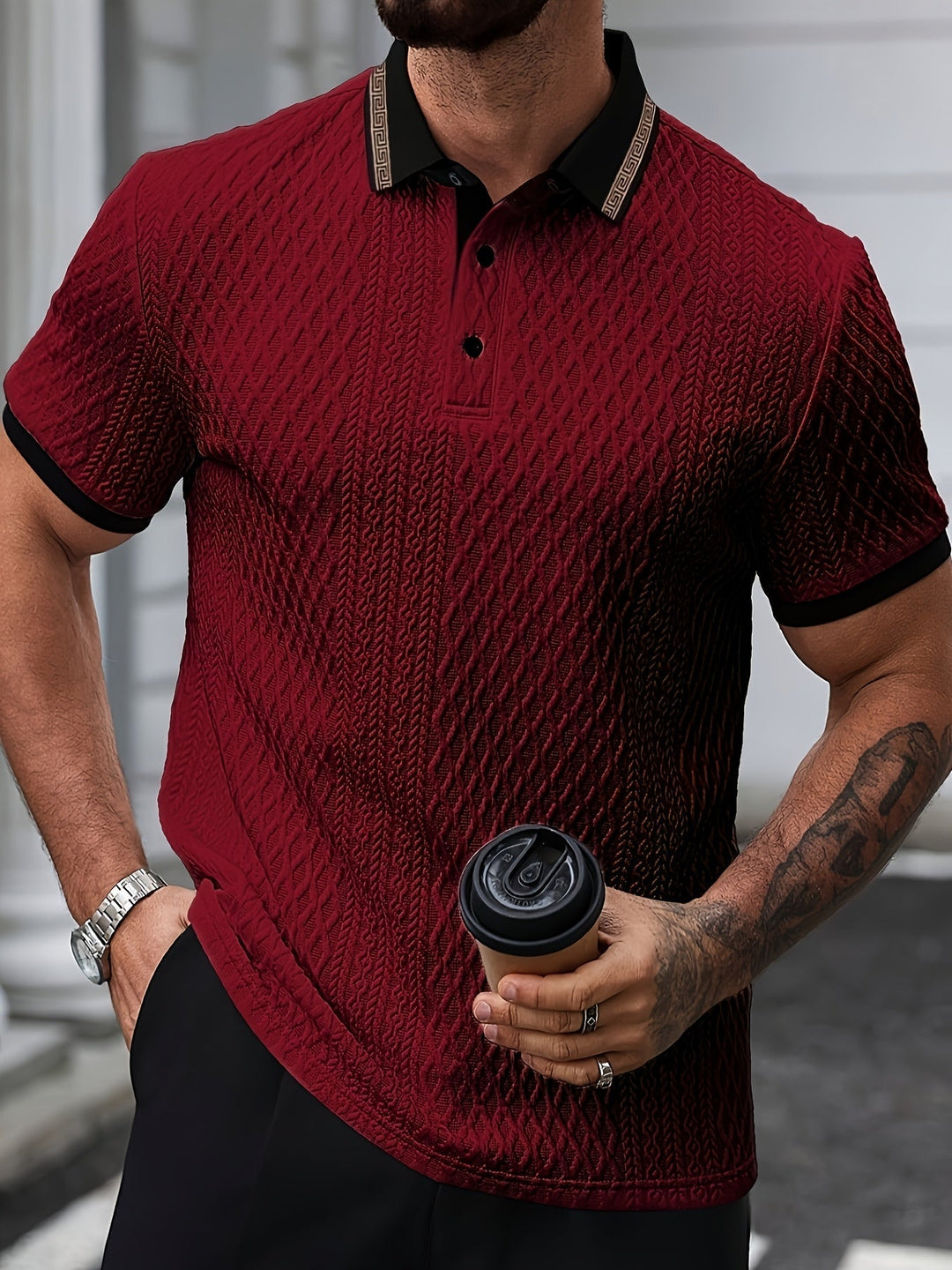 Men's textured polo shirt, offering a smart casual look for warm weather.