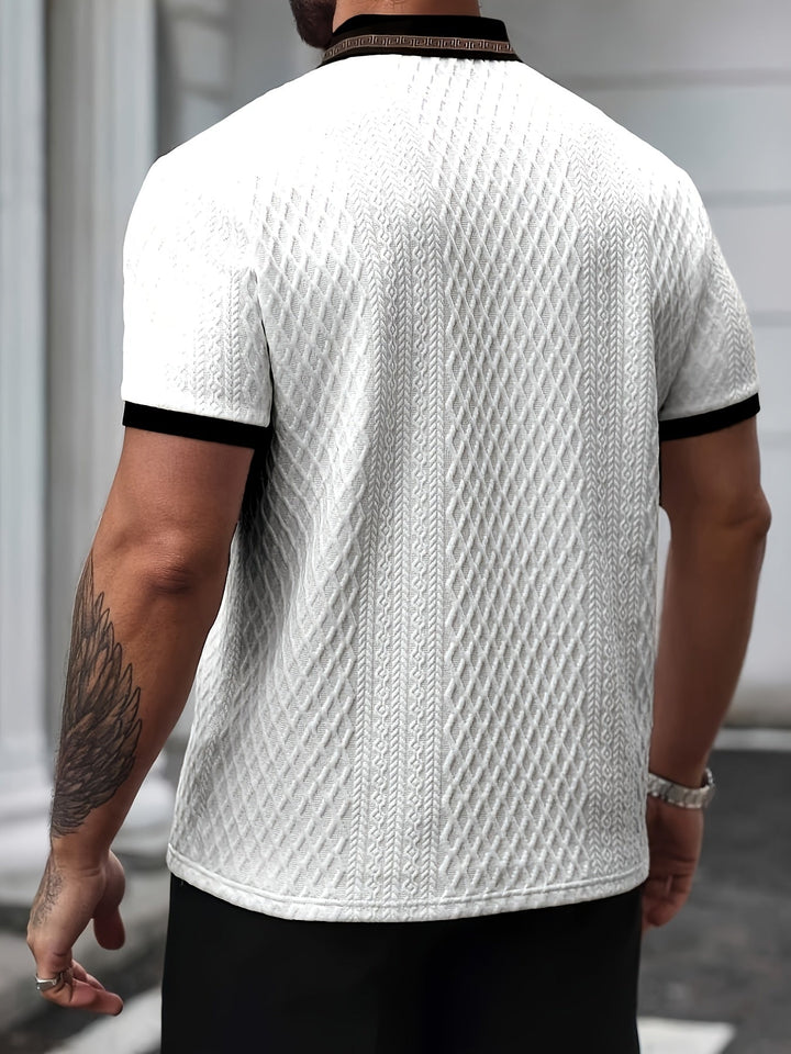 Menswear: slim fit textured polo shirt, a breathable and chic summer top.