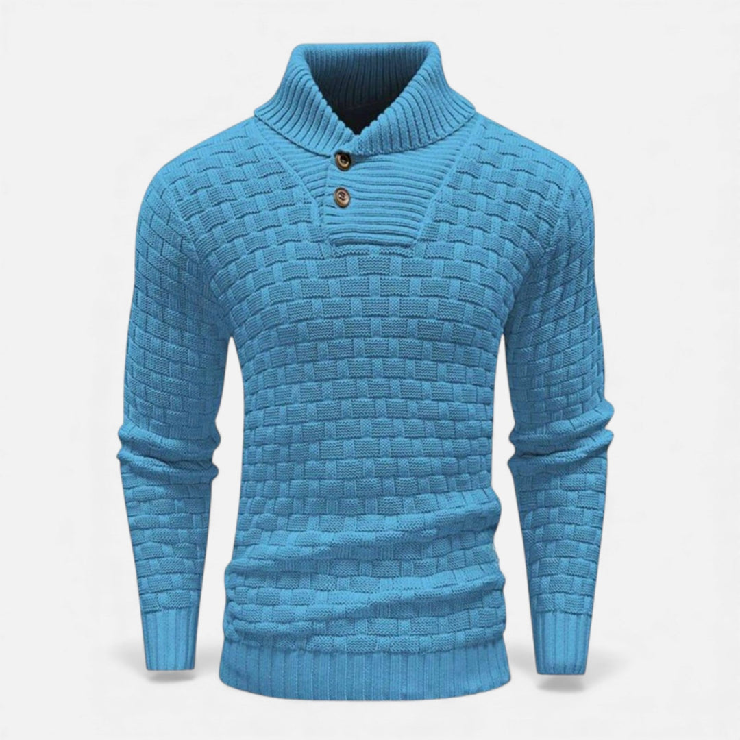 Men's slim fit turtleneck button sweater in classic knitwear style.