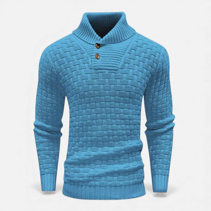 Men's slim fit turtleneck button sweater in classic knitwear style.