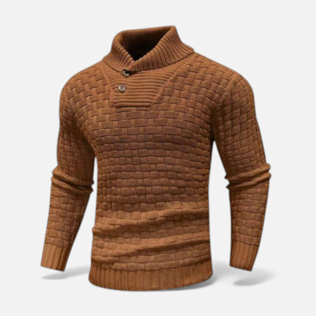 The perfect classic sweater for men: slim fit, turtleneck, and button detail.