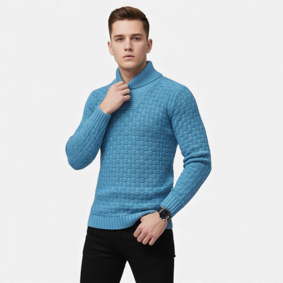 Close-up of button detail on a men's slim fit turtleneck knit sweater.