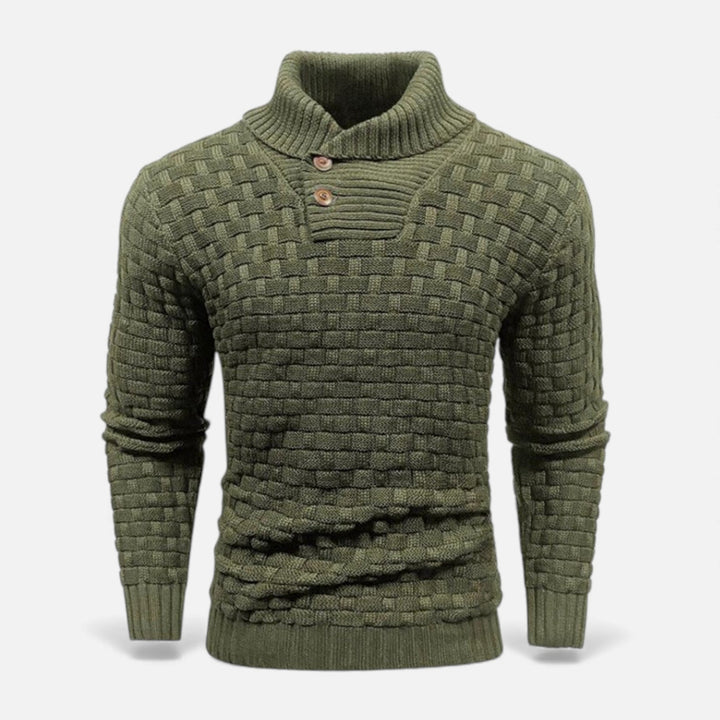 Detailed view of the textured knit on a men's classic turtleneck button sweater.