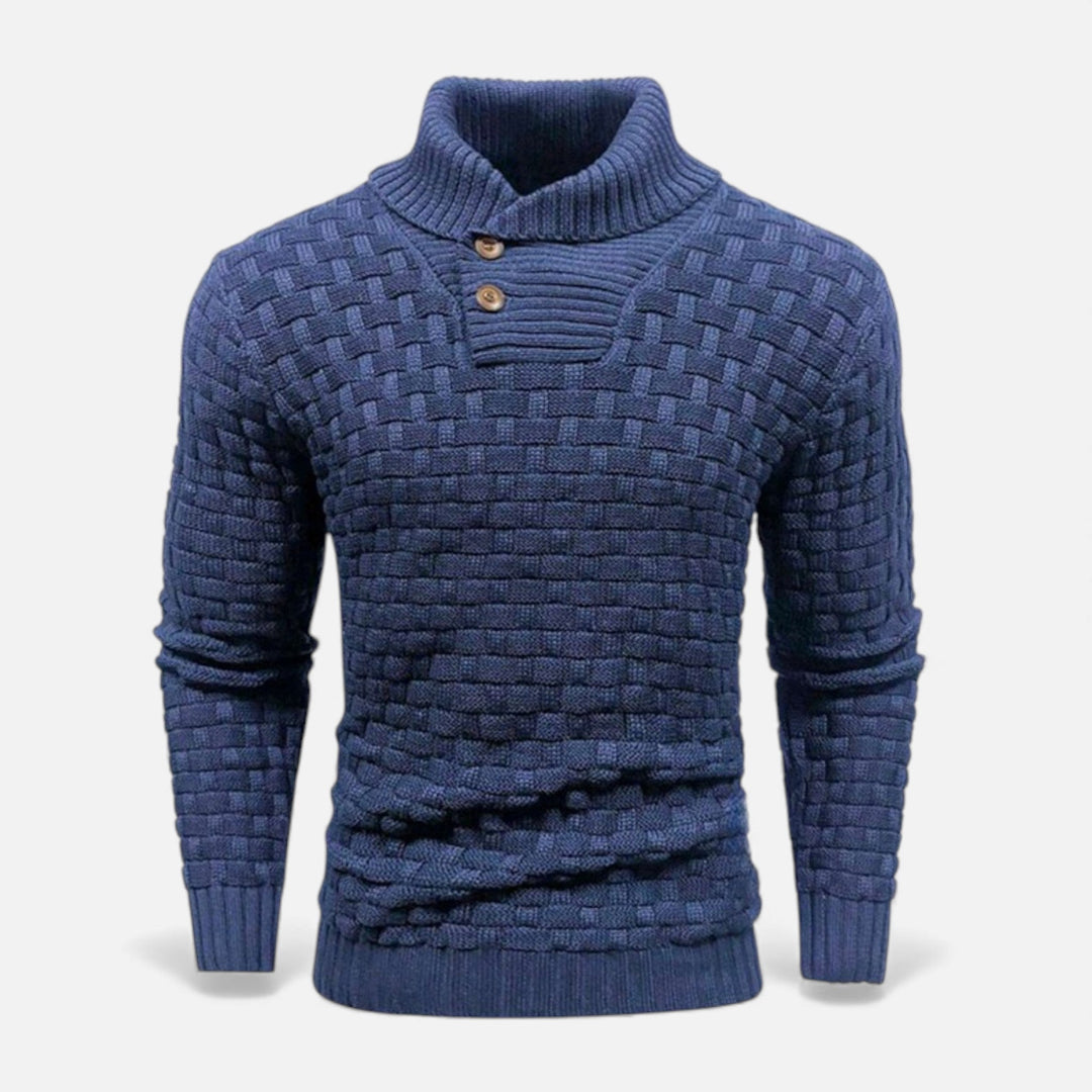 Modern menswear: slim fit turtleneck sweater with subtle button detailing.
