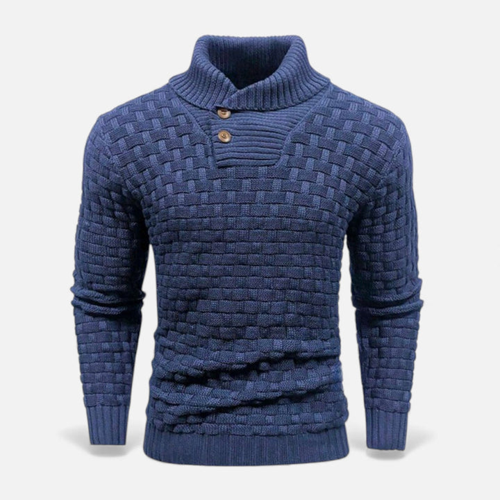 Modern menswear: slim fit turtleneck sweater with subtle button detailing.