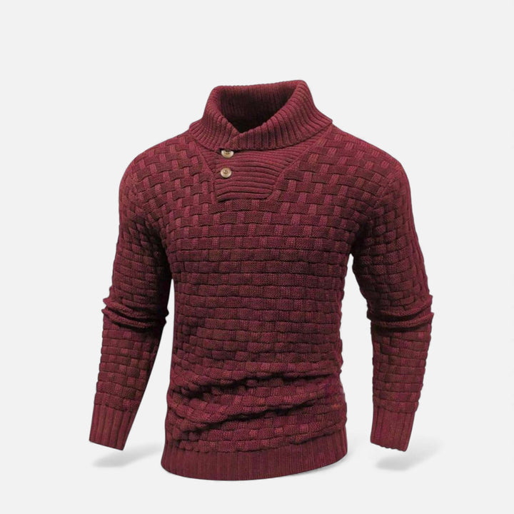 Warm and stylish men's winter fashion: a slim fit turtleneck knit sweater.
