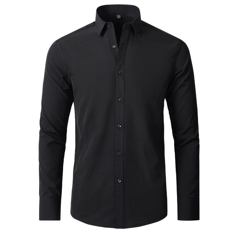 Comfortable men's long sleeve stretch dress shirt, slim fit. Wrinkle-resistant for versatile smart casual fashion.