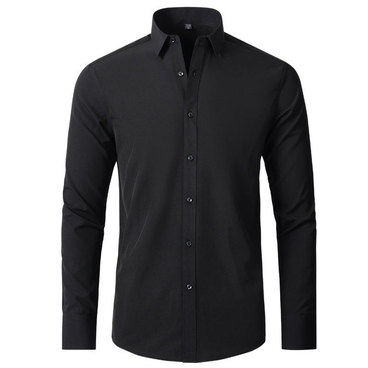 Comfortable men's long sleeve stretch dress shirt, slim fit. Wrinkle-resistant for versatile smart casual fashion.
