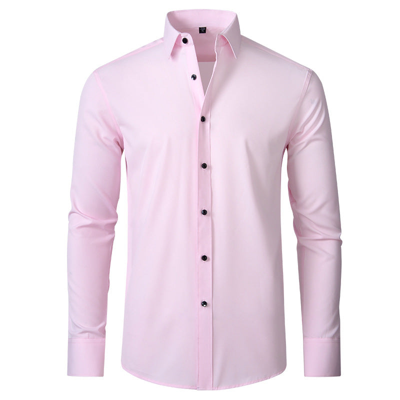 Professional men's long sleeve dress shirt. Wrinkle-resistant stretch slim fit, enhancing men's office wear style.
