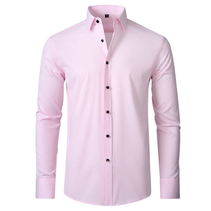 Professional men's long sleeve dress shirt. Wrinkle-resistant stretch slim fit, enhancing men's office wear style.