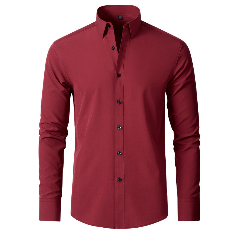 Easy-care men's wrinkle-resistant stretch dress shirt. Slim fit, long sleeve for versatile everyday and formal wear.