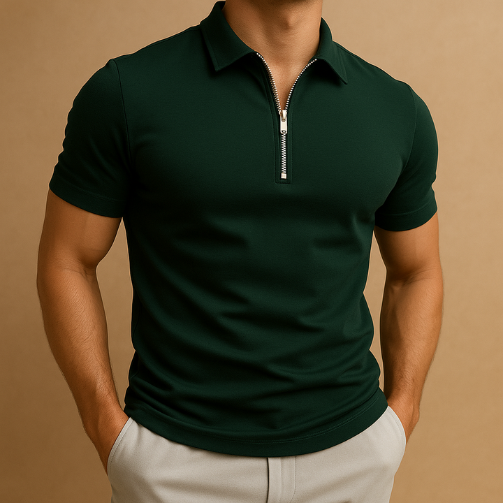 Man wearing a white men's zip neck polo shirt, showcasing its slim fit silhouette.