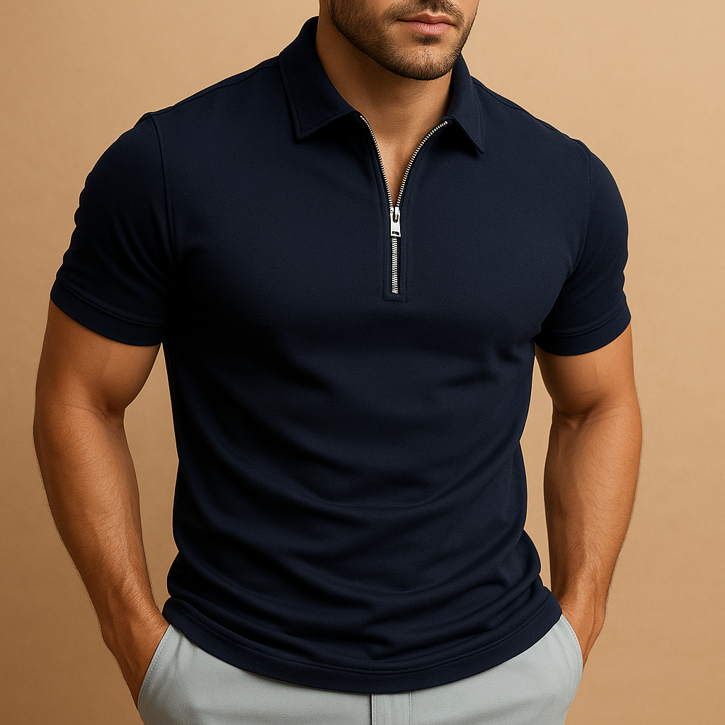 Men's casual wear: a comfortable and stylish zip neck polo shirt for everyday use.