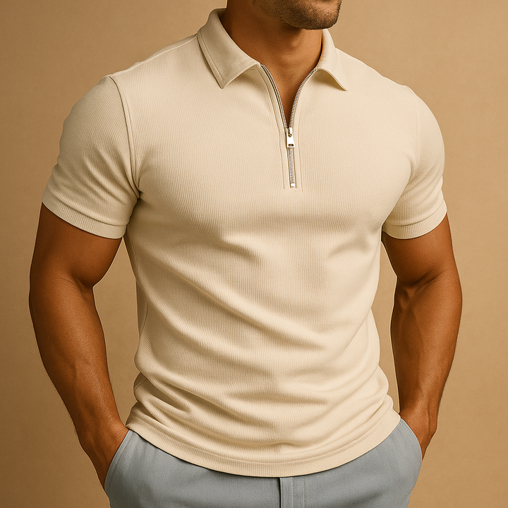 Green men's slim fit polo shirt with a sleek zip neck, ideal for a modern look.