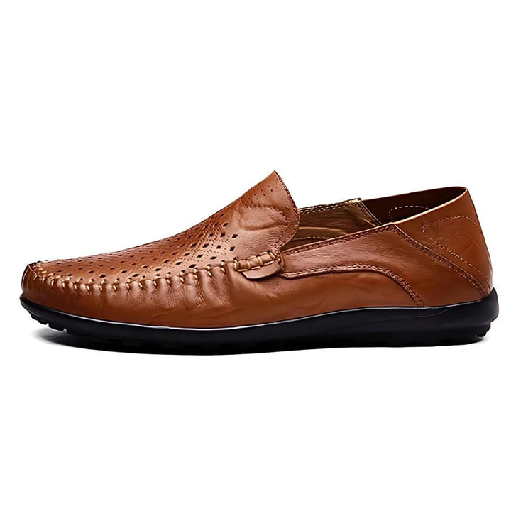 Khaki men's perforated slip-on loafers featuring a stitched panel design. Comfortable summer shoes for men.