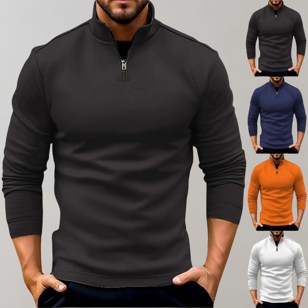 Men's smart casual half-zip jumper. Fitted knit pullover with long sleeves, ideal for modern winter fashion.