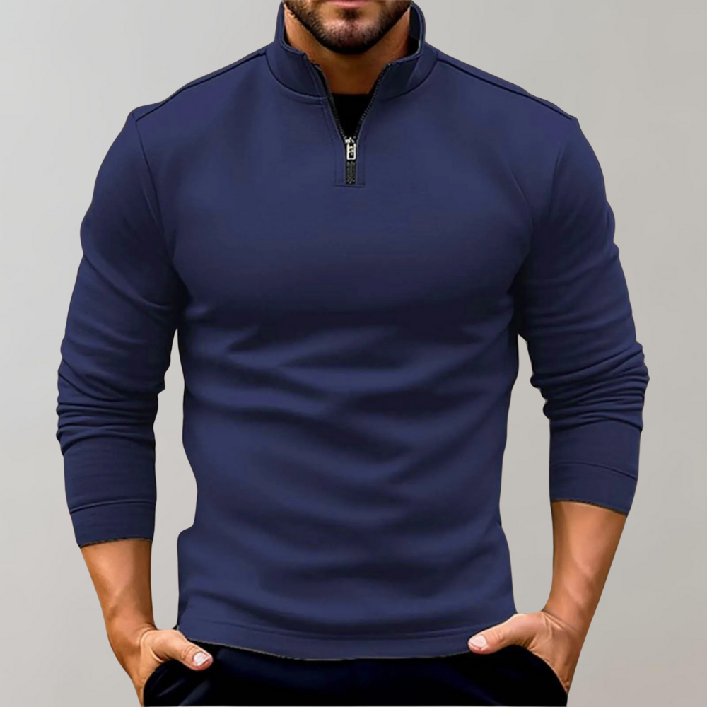 Stylish men's fitted long sleeve half-zip jumper. Perfect for smart casual outfits & comfortable winter fashion.