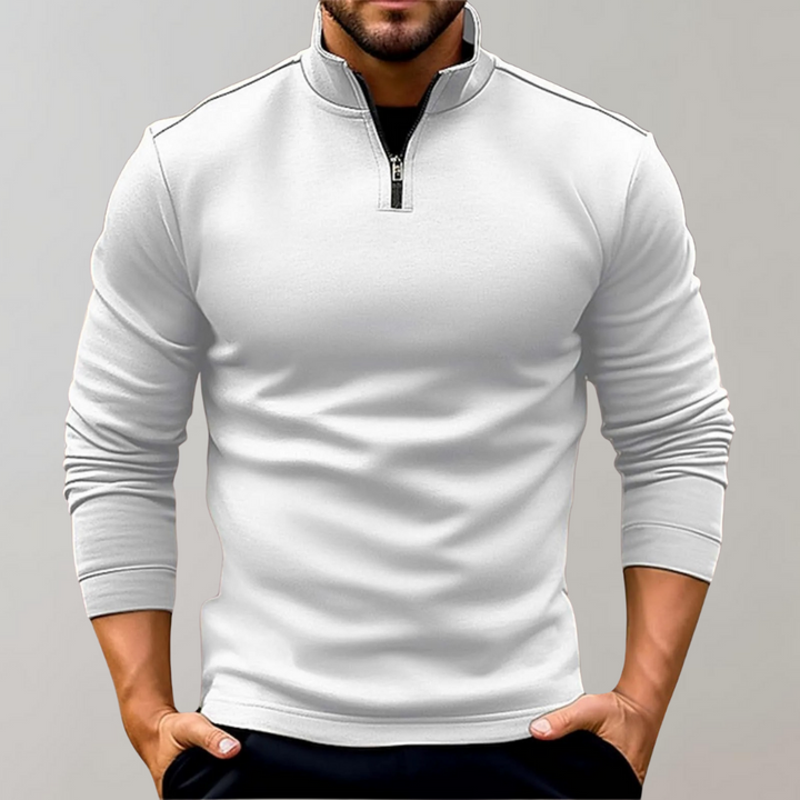 Modern men's fitted half-zip knit. Long sleeve jumper for smart casual occasions, a stylish addition to winter wear.