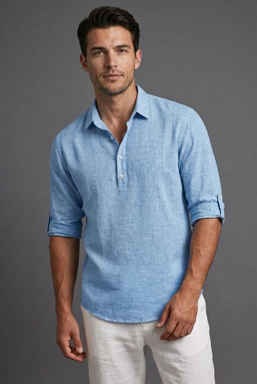 Men's smart casual linen-style polo shirt with roll-up sleeves