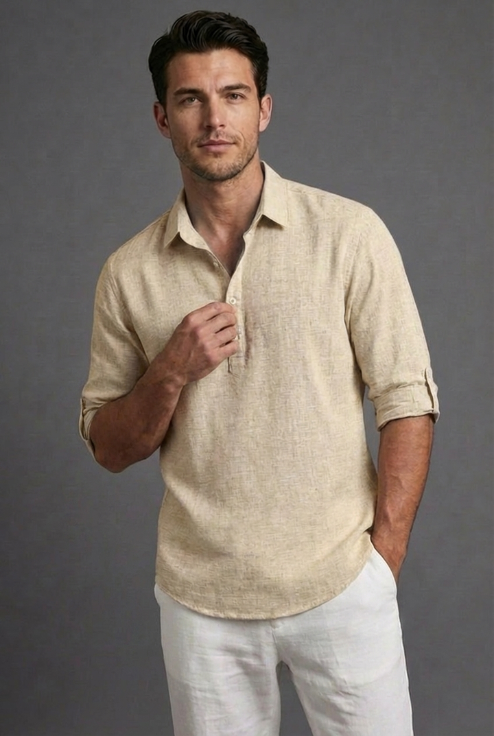 Menswear linen-look short sleeve polo shirt, ideal for holidays
